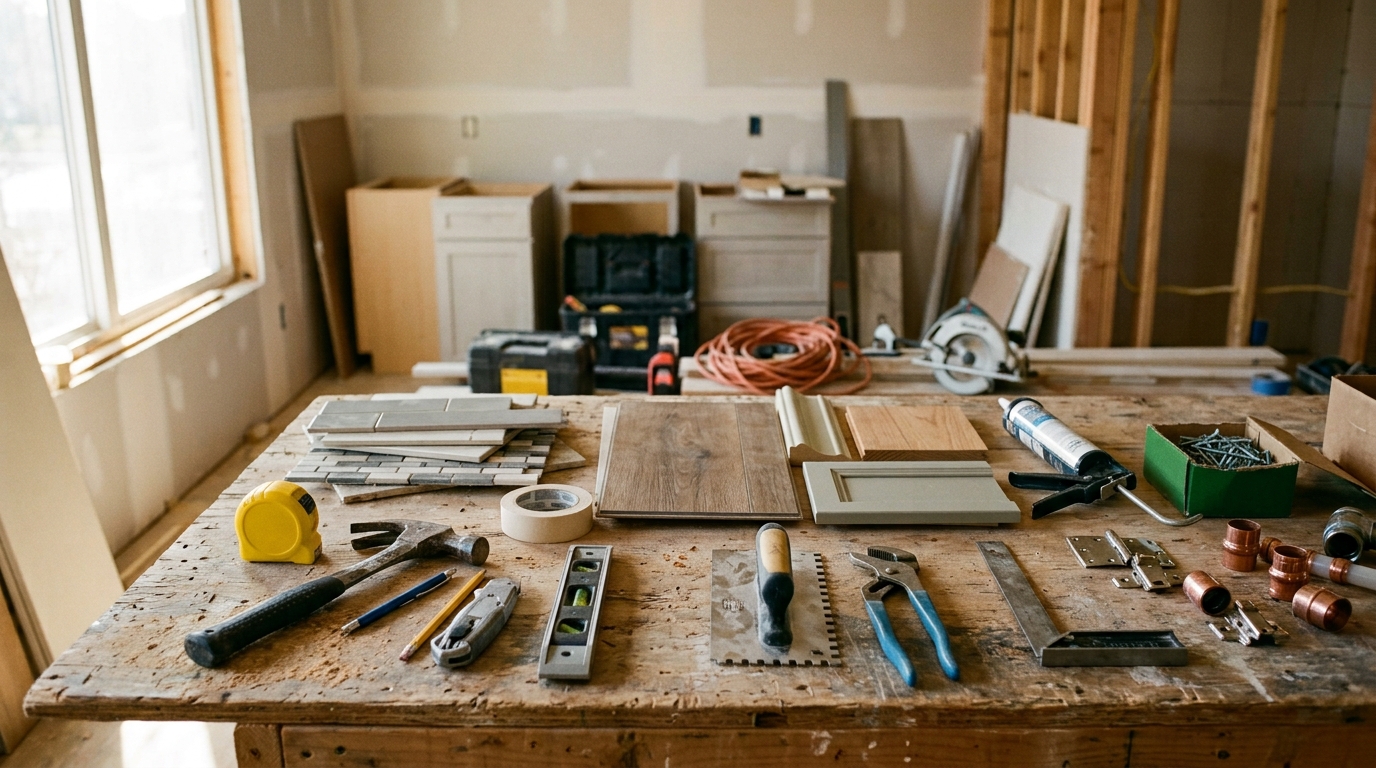 Tile samples, flooring and hand tools on a job-site workbench