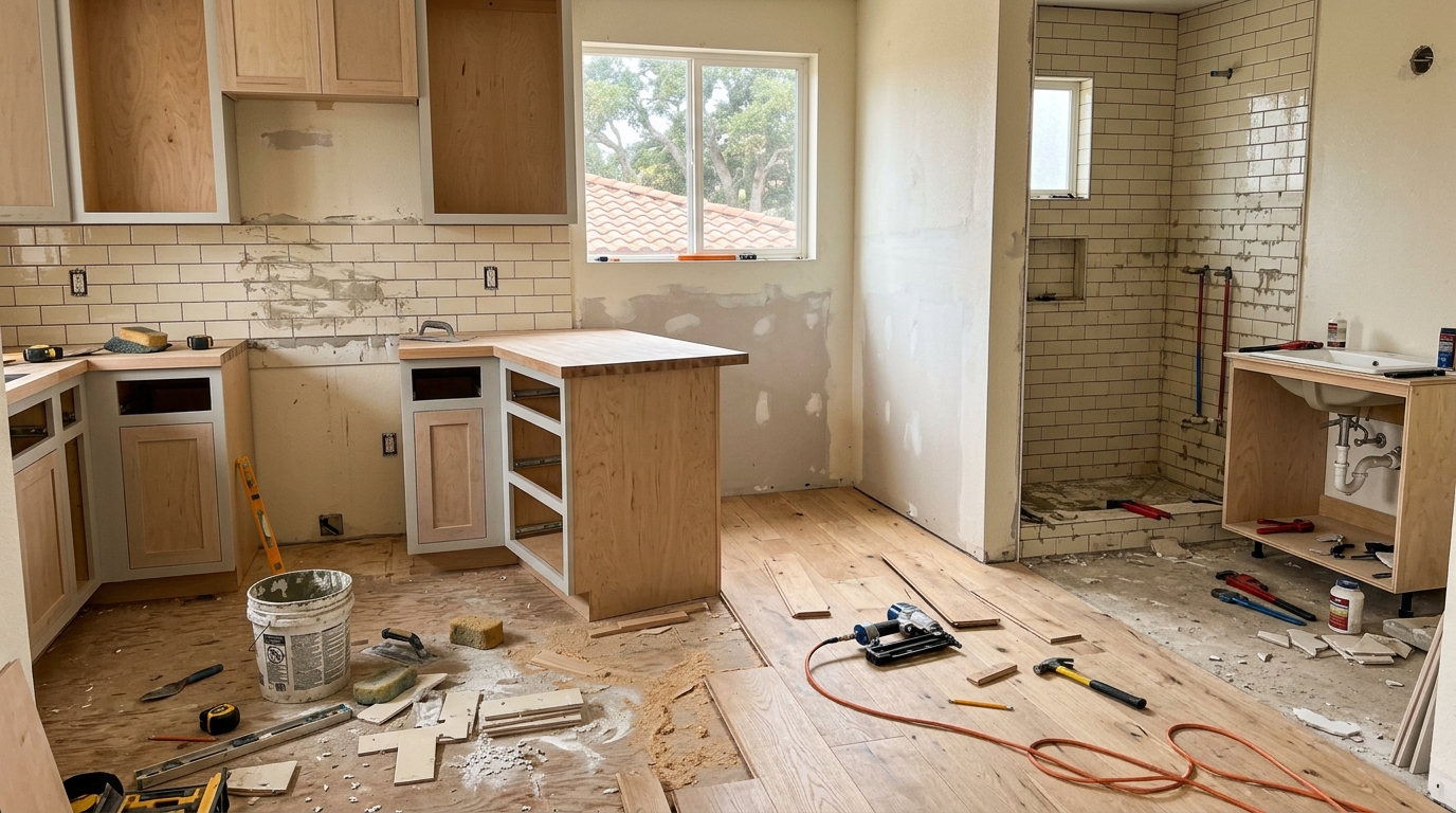 A kitchen and bath mid-remodel, tile going in