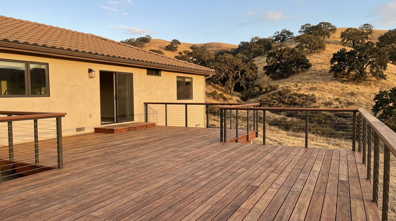 A finished hillside deck with cable railing under oaks