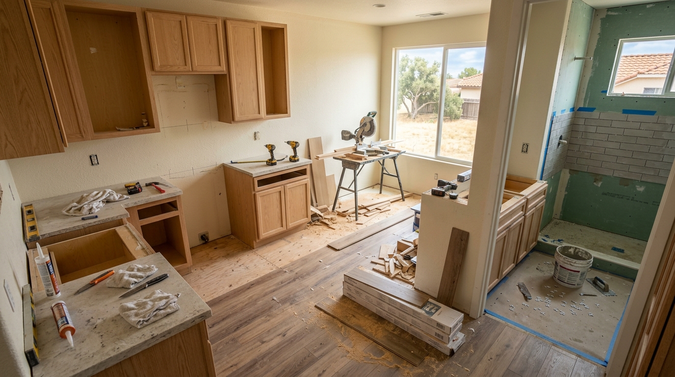 Kitchen and bath — Drywall to tile