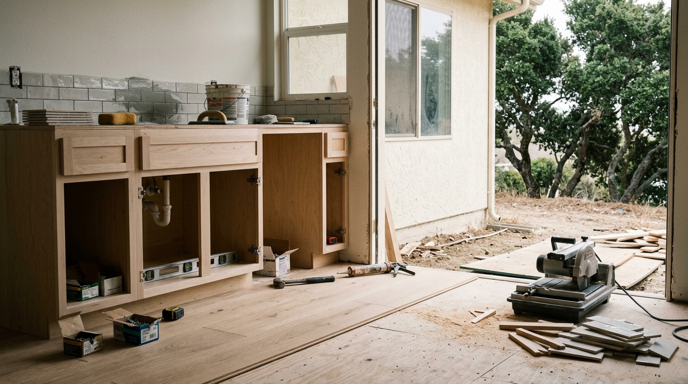 Cabinet install — Tile prep